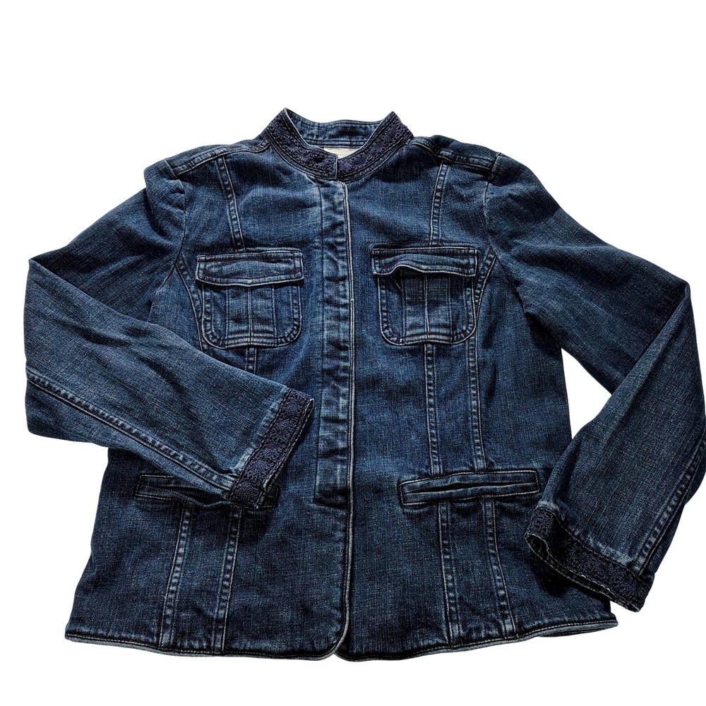 Charter Club Petite‎ Denim Jacket Dark Wash Cropped Embroidered Trim P/S
